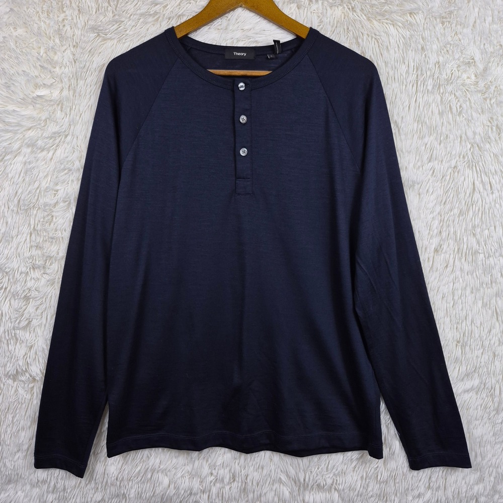 Theory Mens Adrik L Navy Blue 100% Adept Merino Wool Long Sleeve Henley Shirt L
